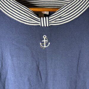 Quacker Factory Sweater Women's XL Navy Striped Collar Retro Anchor Nautical